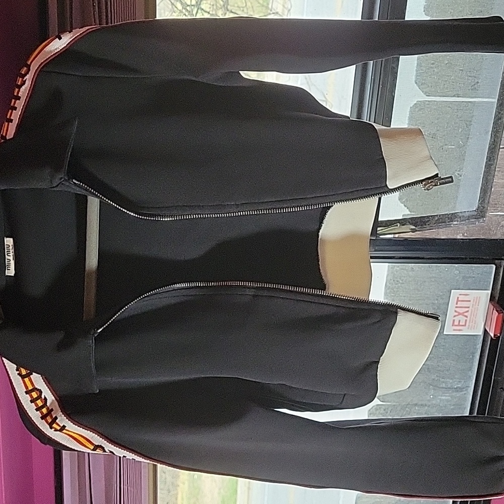 Miu Miu Black Bomber Jacket with White and Orange Accents